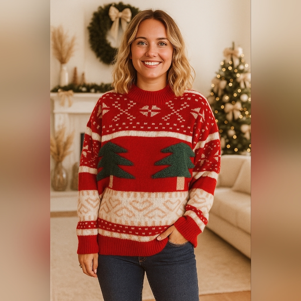 Fuzzy Shag 3D Textured Christmas Tree Sweater Long Sleeve Contrast Holiday Top